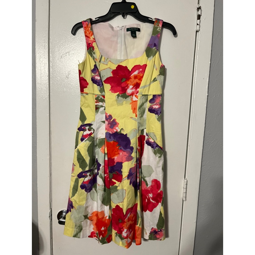 Lauren‎ Ralph Lauren Yellow Floral Cotton Fit and Flare Dress Size 2 Pockets